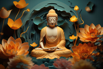 glowing golden buddha with paper cut colorful flowers, nature background, zen garden