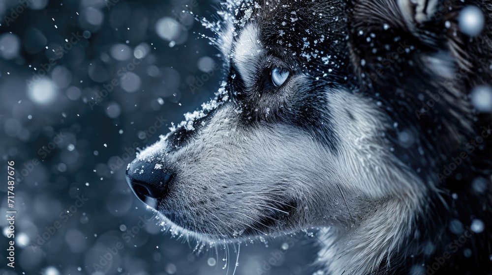 Poster closeup of a huskys face in the midst of a snowstorm its whiskers coated with icy crystals that catc