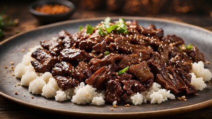 Mongolian Beef from a side perspective, elegantly plated on a wooden surface the luscious,...