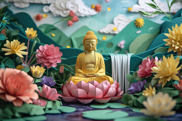 glowing golden buddha with paper cut colorful flowers, nature background, zen garden landscape with water fall