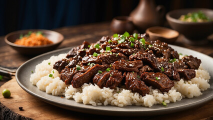 Mongolian Beef from a side perspective, elegantly plated on a wooden surface the luscious, caramelized beef, with a tantalizing interplay of textures and colors against the rustic backdrop
