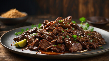 Mongolian Beef from a side perspective, elegantly plated on a wooden surface the luscious, caramelized beef, with a tantalizing interplay of textures and colors against the rustic backdrop