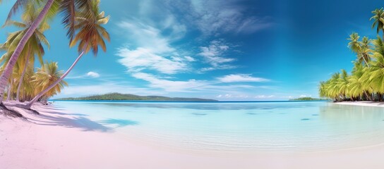 A beach with wavy water, blue sky and white sand. Generative AI