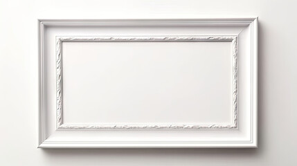 White frame mockup in interior on white wall background. Template frame for text. Poster mockup. Rectangular wall picture ot photo frame mockup.