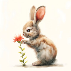 Brown rabbit with flower on white