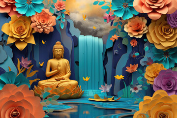 glowing golden buddha with paper cut colorful flowers, nature background, zen garden landscape with water fall - obrazy, fototapety, plakaty