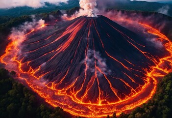 Drone Shot of Volcanic Mountain with Hot Red lava Flowing. Generative AI. AI.	