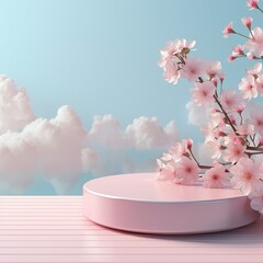 A light pink podium and cherry blossom background are used for product display. 3D rendering illustration. Light pink, background, platform, Cosmetics, minimum, Product, display with generative ai