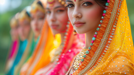Young women in colorful traditional veils during a Hindu holiday. 