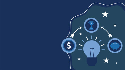 Financial plan and achievement idea concept web vector banner with dollar sign coin, piggy bank, trophy and light bulb icons on a dark blue background.  finance mind map. money goal setting background