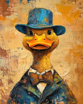 Duck in a blue hat on the background of an oil painting