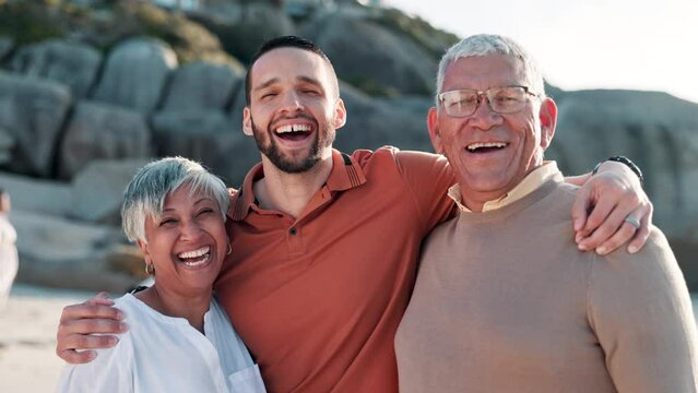 Happy family, face and hug on beach for summer vacation adventure, care and bonding together for love by seaside. Father, mother and son in portrait in smile, embrace and holiday wellness by ocean