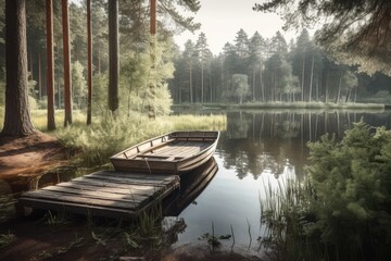 Fototapeta na wymiar A boat by a lake in a forest, AI generated