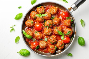 Delicious meatballs with tomato sauce and basil on a white background cooked in a frying pan