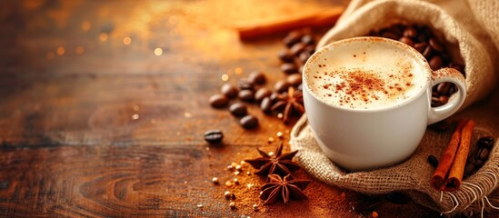 Morning coffee, a bag of Arabica, with milk and cinnamon, brings cheer, energy, lacey background; cappuccino or espresso.