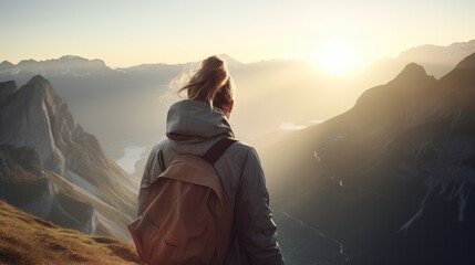 Fototapeta premium A girl standing on top of a mountain at sunset, AI generated