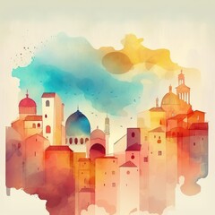 Obraz premium Watercolor European ancient city, generated by AI