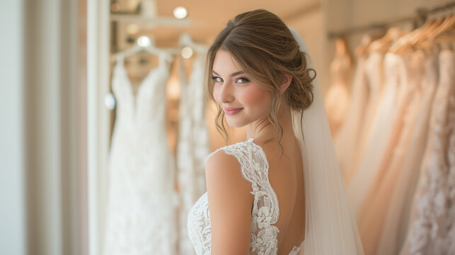 Cute young bride posing elegantly in her new wedding dress while at the bridal salon.