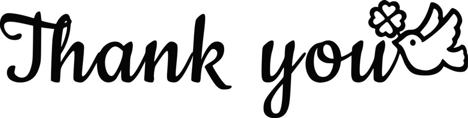 thank you と書かれた手書き文字のロゴ　鳩とクローバーのイラスト入りのデザイン文字