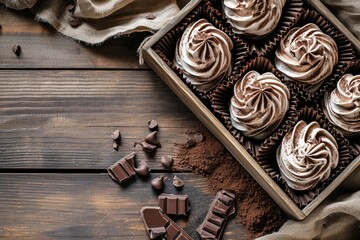 Chocolate meringue cookies in rustic box on wooden table Top view with chocolate drops Made of eggs...