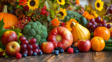 Harvest season group of fruits and vegetables background.