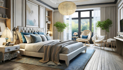 3d render Nordic style bedroom. Generative AI.