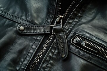 Unfastened metallic zipper on black leather jacket isolated
