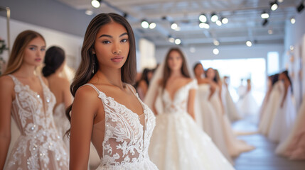 Diverse group of brides in wedding dresses on a show runway inside a salon. - obrazy, fototapety, plakaty