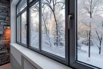 Fototapeta premium Snow covered trees seen through a contemporary home window