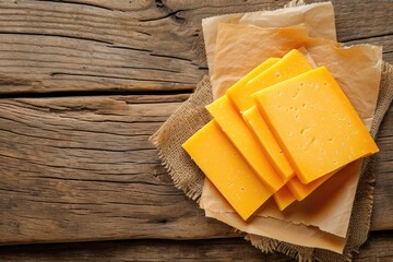 Smoked cheddar slices on wooden backdrop