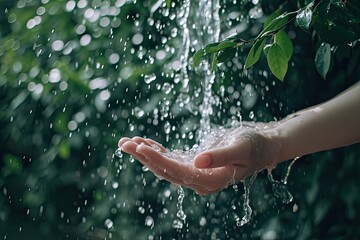 Ultra realistic photo of closeup water flow to hand of women for nature concept on the garden background. eco friendly interior concept, atmospheric, cinematic, high definition, depth of field, 8K