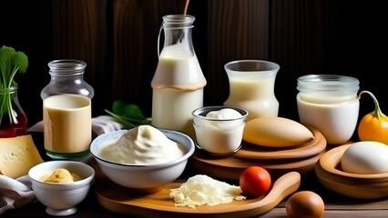 dairy products on a wooden table