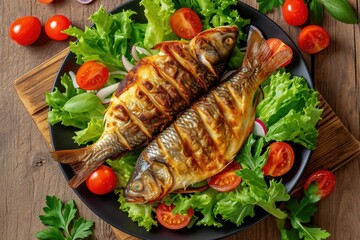 Top view of fresh vegetable salad and fried fish carp on a wooden background