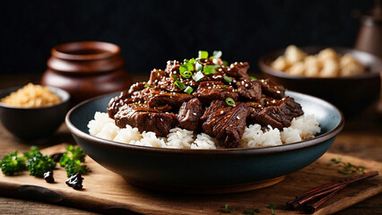 flavors of Mongolian Beef to life in a side view photograph, artfully arranged on a wooden table glazed beef, and highlight the contrast between the rich hues of the dish