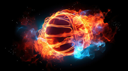 A dynamic image of a basketball caught between fiery flames and cool blue ice, representing competition and energy.