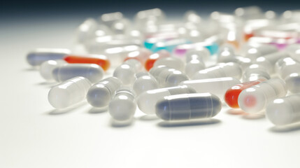 A close-up view of various medical capsules and pills in a health care and pharmaceutical concept.