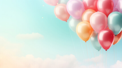 A dreamy sky filled with colorful balloons floating gently upwards, creating a cheerful and celebratory atmosphere.