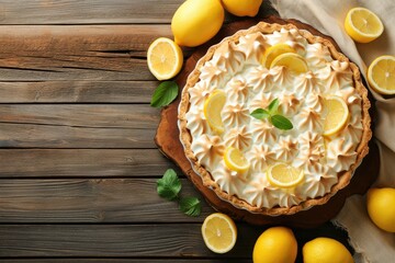 Lemon meringue pie on wooden table with space for text in flat lay composition - obrazy, fototapety, plakaty