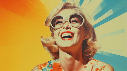 Retro fashion woman laughing joyfully with stylish sunglasses against a vibrant background.