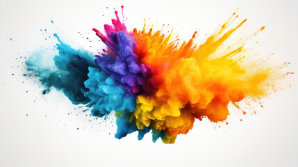 A dynamic burst of colorful powder against a stark white background. - obrazy, fototapety, plakaty