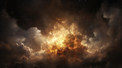 Abstract of celestial fire within cosmic clouds, suggesting a nebula or space phenomenon. - obrazy, fototapety, plakaty
