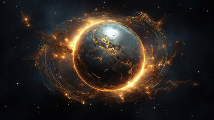 Conceptual art of Earth surrounded by fiery orbital rings against a starry space backdrop.