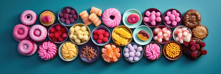 Fototapeta na wymiar Top view of colourful sweets, gummies and candies assortment on blue turquoise background. Variety of multicolor sweet food banner. Generative AI.