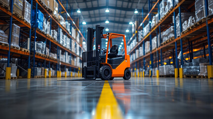 Compact modern forklift inside a large warehouse.