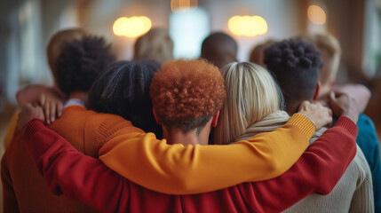 Group of young people praying at church after service.