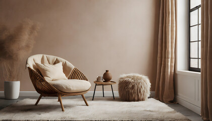 3d rendering of a minimal relaxed space with earthy tones and a beige sheepskin. Generative AI.