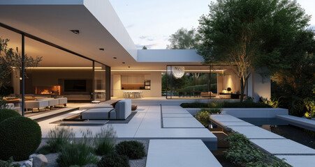 rendering of modern house with white windows on a green grass