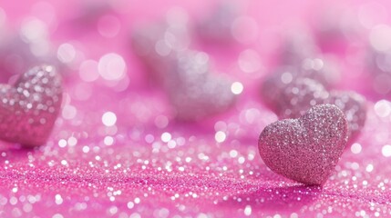 Fototapeta premium Various heart confetti scattered on a pink glittery surface.