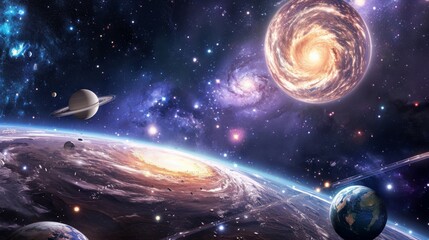 Vivid illustration of various celestial bodies and cosmic events in a galaxy.