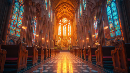 Fototapeta premium Wide view of magnificent cathedral interior in the morning, sunlight coming through the stained glass windows.